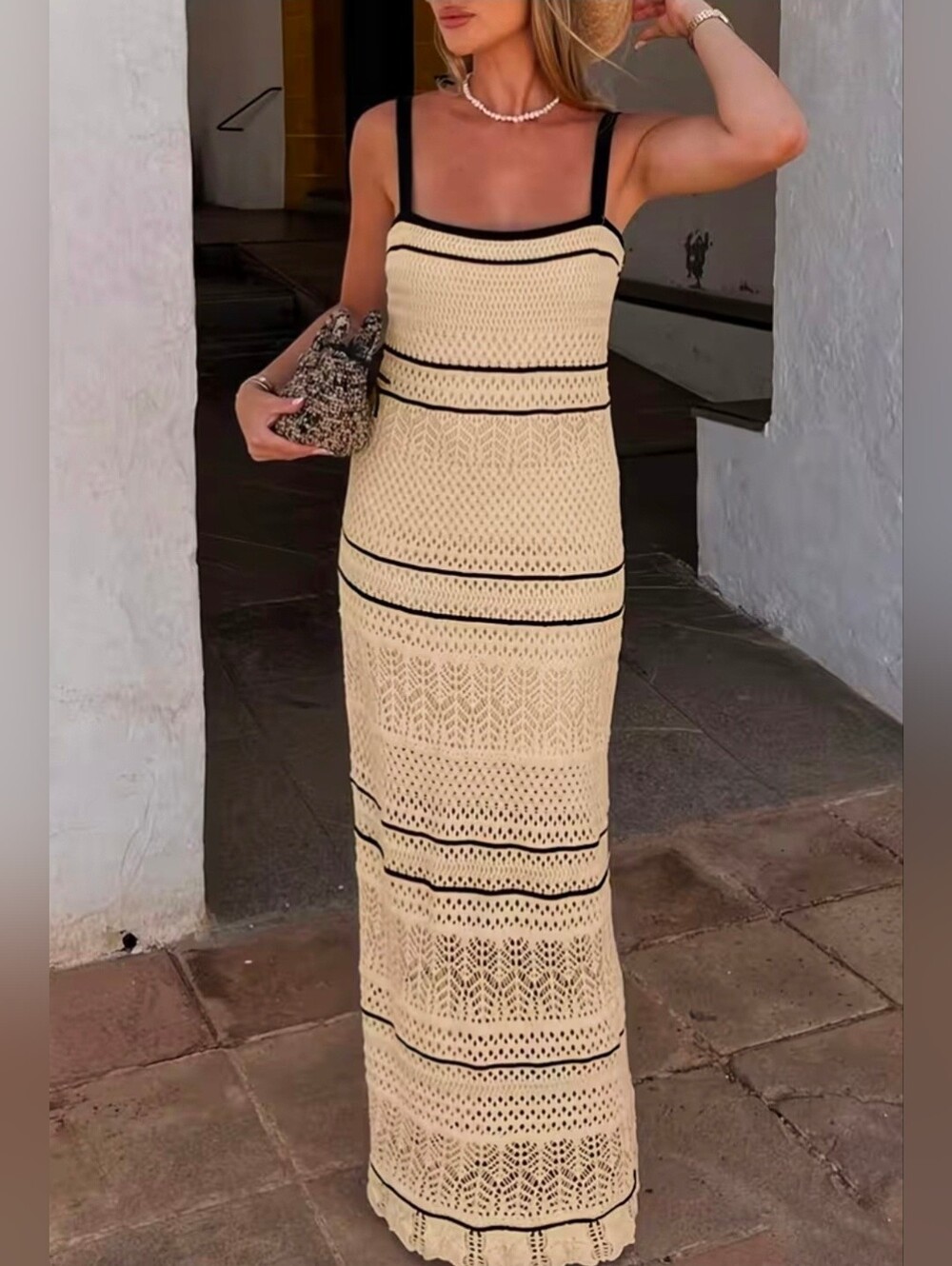 New Boho Sheer Crochet Knit Contrast Stripe Cami Maxi Dress Khaki Tan Black - Picture 2 of 10